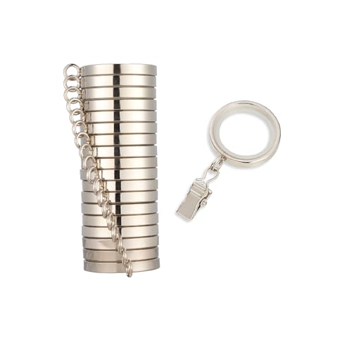 "MODE Cambria Designer Series - Premium Easy Glide 18 Count Small Curtain Rings - Metal with Nylon Inserts and Clips - 1 inch Inner Diameter - use for rods 5/8"" or Smaller - Polished Nickel"