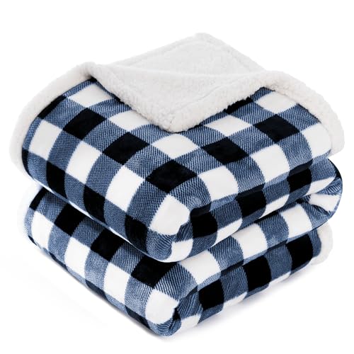 "BEAUTEX Christmas Sherpa Fleece Throw Blanket Soft Warm Buffalo Plaid - Plush Blanket & Throw, Winter Cozy Fuzzy for Couch, Sofa, Bed (Navy, 50"" x 60"")"