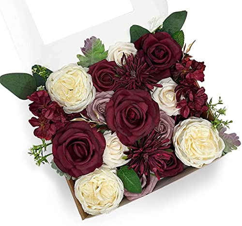 PONATIA Artificial Flowers Dusty Rose Wedding Flowers Combo for DIY Wedding Bouquets Party Decorations (Burgundy & Dusty Rose & Cream)