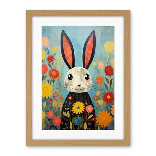 Artery8 Funny Bunny Illustration Modern Floral Rabbit Animal Artwork for Kids Bedroom or Baby Nursery Artwork Framed Wall Art Print 18X24 Inch