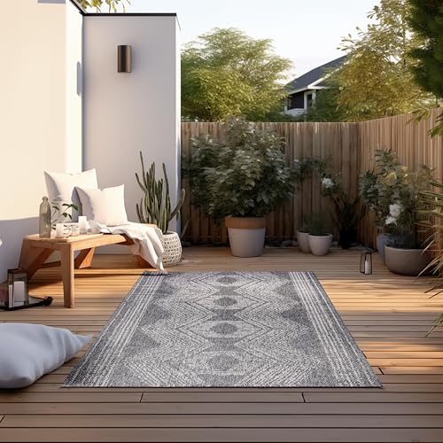 Elle Decoration Indoor and Outdoor Rug - Reversible Rug Weatherproof & Waterproof - Modern Boho Ethnic Pattern Geometric Outdoor Rug for Garden, Balcony, Patio, Living Room - Silver, 160 x 230 cm