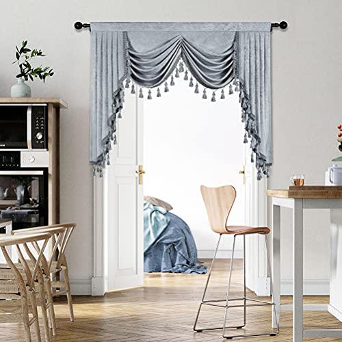 ELKCA Silver Grey Chenille Window Curtain for Living Room with Waterfall Valance for Bedroom, Rod Pocket (W59.1 Panel)