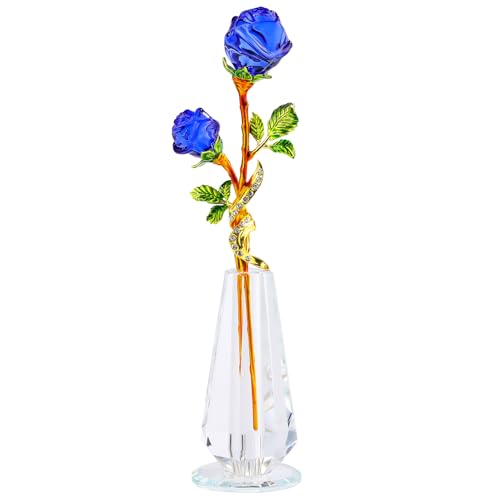 YWHL Handmade Crystal Blue Rose Flower Figurine with Vase, Bouquet Glass Flowers Ornament Rose Gifts for Girlfriend Sister Women, Crystal Flower Home Decor for Anniversary Mother's Day Wedding