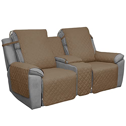 Easy-Going Loveseat Recliner Cover with Console, Reversible Couch Cover for Living Room, Split Sofa Cover for Each Seat with Elastic Straps for Kids, Dogs, Pets(2 Seater, Camel/Ivory)
