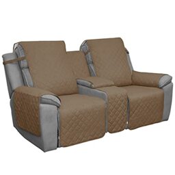 Easy-Going Loveseat Recliner Cover with Console, Reversible Couch Cover for Living Room, Split Sofa Cover for Each Seat with Elastic Straps for Kids, Dogs, Pets(2 Seater, Camel/Ivory)
