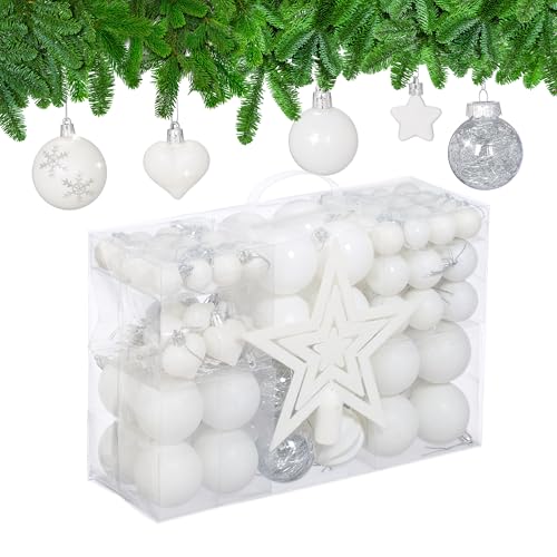 Relaxdays Christmas Ornaments, Set of 101, Glittering, Tree Decorations, Baubles & Stars, Plastic, Traditional, White