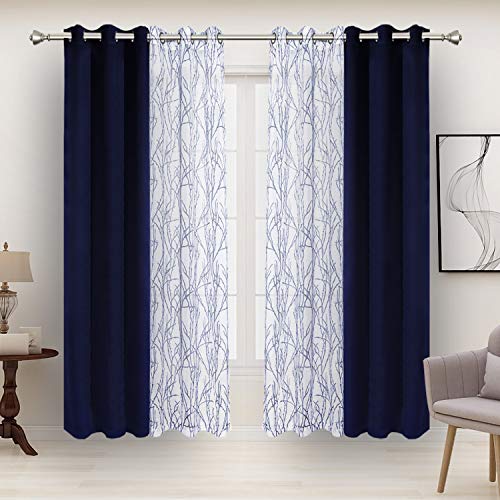 BONZER 4 Panels Set Mix and Match Curtains for Bedroom Living Room - 2 Pieces Branch Print Sheer Curtains & 2 Pieces Blackout Curtains Dining Room Grommet Window Drapes, 37x95 Inch/Panel, Indigo