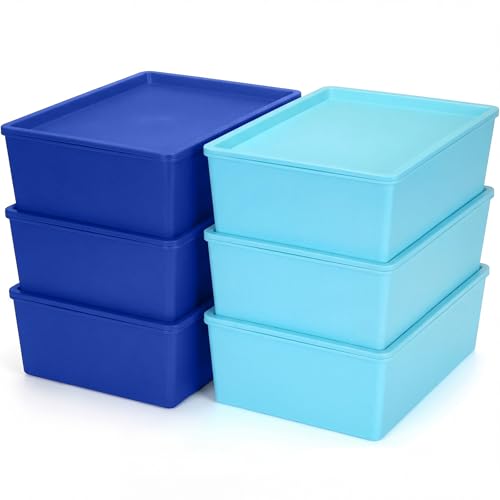 Menkxi 6 Pcs Large Plastic Storage Bins with Lids 14.4 x 10.4 x 5.1 Inch Stackable Storage Containers Durable Box Baskets for Organizing Shelves Playroom Classroom Office(Dark Blue, Light Blue)