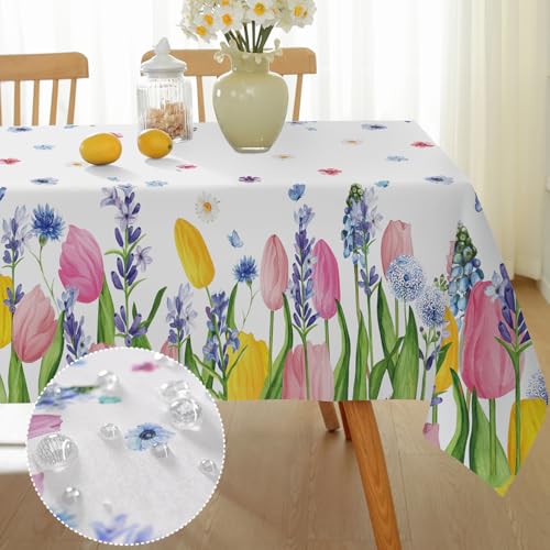 "Spring Summer Floral Tablecloth Rectangle, Washable Tulip Lavender Table Cloth Polyester, Spill Proof Wrinkle Resistant Table Cover for Picnic, Party, Dinner Outdoor Decor (Rectangle, 52"" x 70"")"