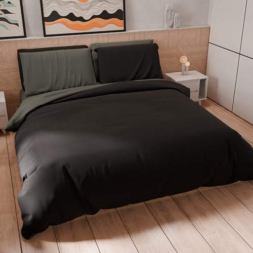 PETTI Artigiani Italiani - Maxi Double Duvet Cover Set 260 x 220 cm (2 Pillowcases 75 x 50 cm Included), Soft Microfibre Duvet Cover Set, Plain Dark Grey - Black