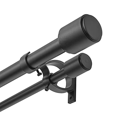 "Kemmie 1"" Window Treatment Curtain Rod with Cylindrical Cap Finials, Double Drapery Rod Adjustable Length 36-72"", Matted Black"