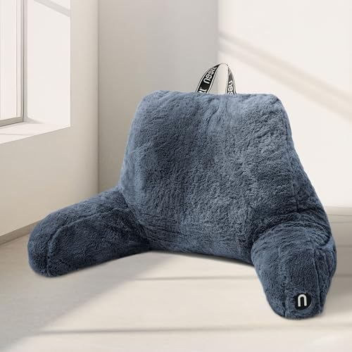 Nestl Fur Reading Pillow, Stylish Back Pillow for Bed Sitting Up, Faux Fur Bed Chair Pillow with Arms, Reading Pillows for Sitting in Bed Adult & Kids, Sit Up Back Support Pillow for Bed Rest - Blue