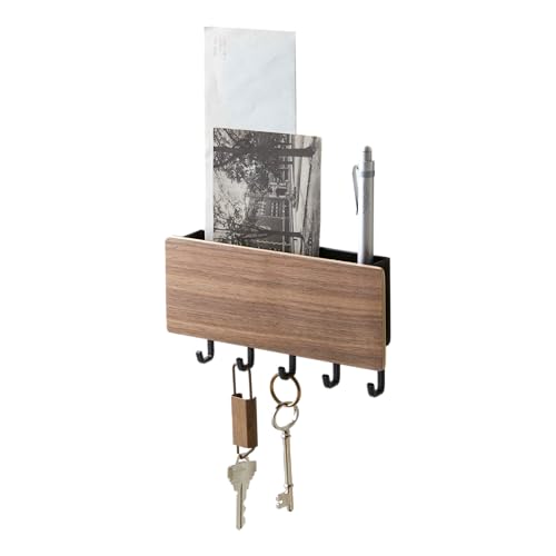 YAMAZAKI 2729 RIN Magnetic Key Hook with Tray, Black, Wood/Steel, Minimalist, 18 x 3 x 9.5 cm