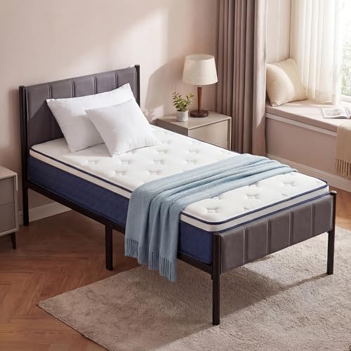 VASAGLE Single Bed and Mattress Bundle - Single Bed with Mattress Included, Upholstered Headboard, Hybrid Pocket Spring, 90 x 190 cm