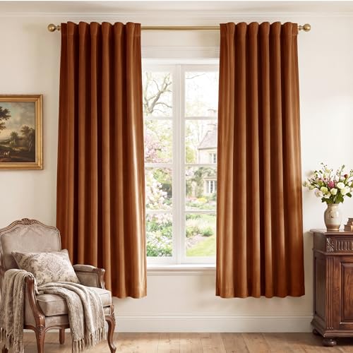 StangH Burnt Orange Velvet Curtains, Thermal Insulated Room Darkening Drapes for Bedroom, Living Room, Home Theater, Privacy Protect Decorative Window Treatment, 2 Panels, 52 x 72 Inches