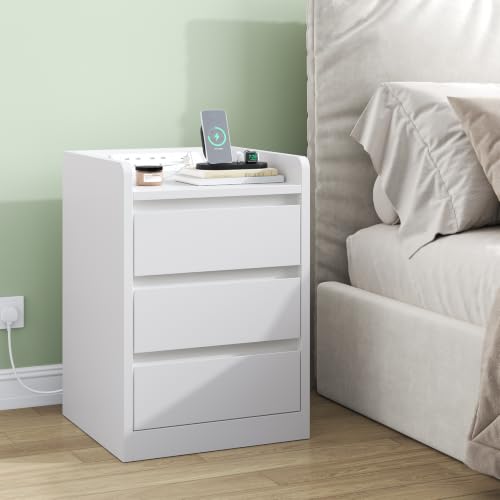 Feonase Bedside Table with 3 Drawers and Charging Station, Modern Nightstand End Table, Water-Resistant Side Table for Bedroom Living Room, White