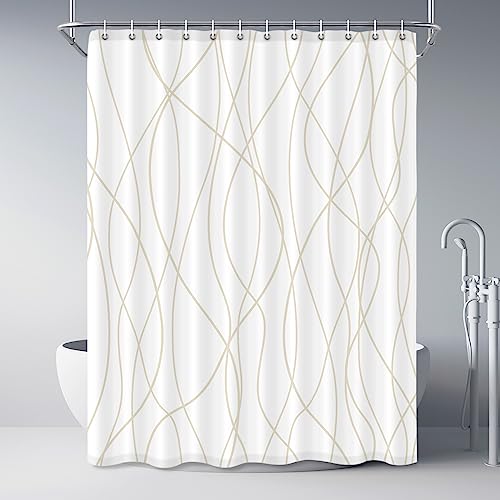 Punkray Beige Khaki Shower Curtain for Bathroom with Hooks, Extra Long Shower Curtain Set Stripe Bath Curtains Decorative White Shower Curtains Weighted Hem Water Repellent Washable, 72 x 84