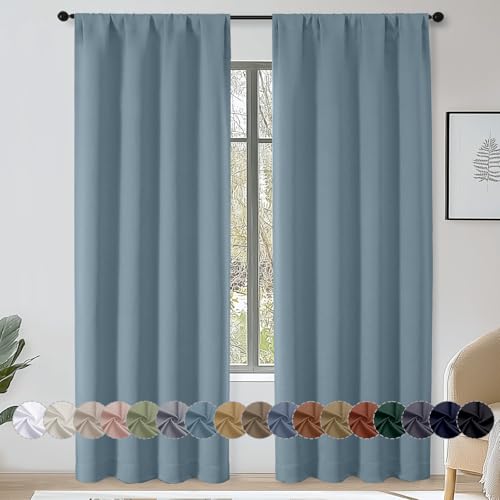 OWENIE Sally Stone Blue Blackout Curtains 84 Inches Long 2 Panels Set for Bedroom Living Room, Solid Thermal Insulated Privacy Room Darkening Window Treatment Drapes, 2 Pcs Each W40 x L84, Stone Blue