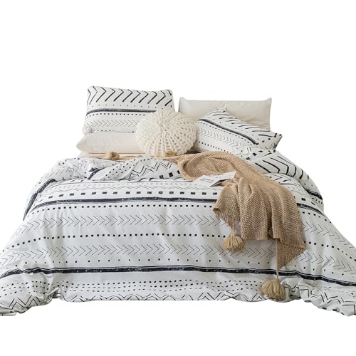 YuHeGuoJi 3 Pieces Duvet Cover Set 100% Cotton Queen Size White Aztec Bedding Set 1 Triangle Print Duvet Cover With Zipper Ties 2 Pillowcases Luxurious Quality Soft Lightweight Comfortable