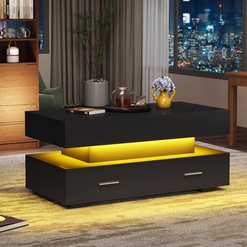 Ball & Cast Lift Top Coffee Table With 2 Drawers and LED Light, Coffee Table With Storage, End Table Tea Tables for Living Room, Black