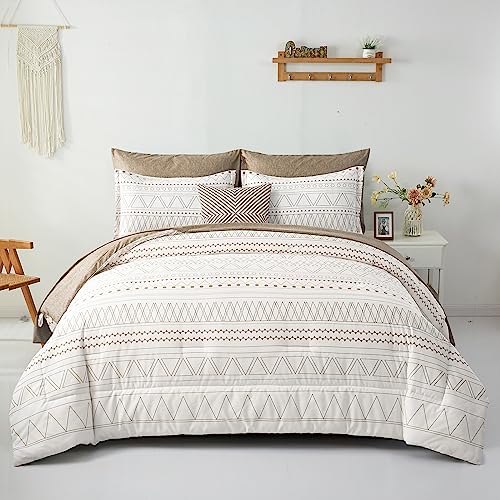 Kaki Boho Comforter Set Full,7 Pieces Bed in a Bag Queen Kaki Comforter Bedding Set Reversible Soft Microfiber Full Size(1 Comforter,2 Pillowcases,1 Flat Sheet,1 Fitted Sheet,2 Pillow Shams)