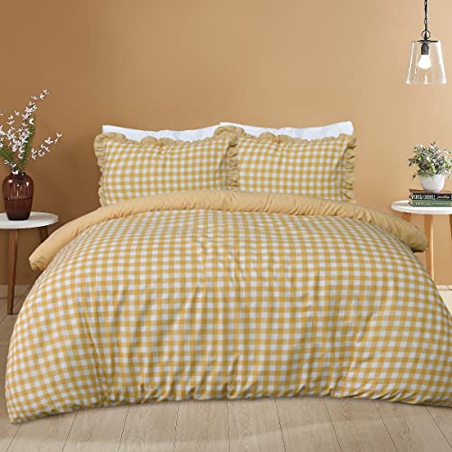 Sleepdown Gingham Check Mustard Plain Reverse Soft Easy Care Duvet Cover Quilt Bedding Set with Pillowcases - King (230cm x 220cm)