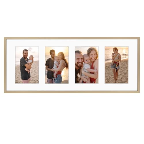 Golden State Art, 4x6 Aluminum Collage Frame, Displays 6x4 Pictures With 4 Openings Mat or One 8x20 Photo, Real Glass, Portrait/Landscape Wall Display, Gold, 1 Pack