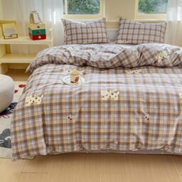 LIWHENHAO Duvet Cover Set Queen 100% Cotton Bedding Cartoon Cat Kitten on Brown Plaid 1 Kawaii Animal Pet Comforter Cover Full 2 Pillowcases for Kids Girls Boys Woman