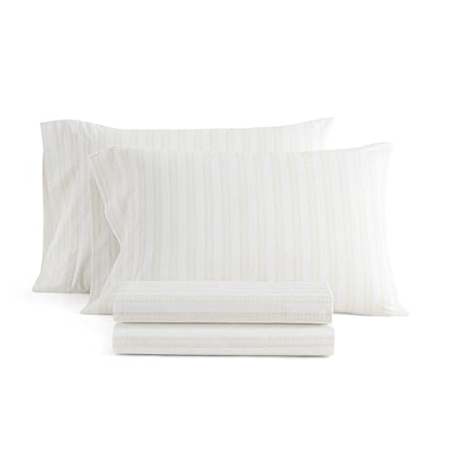 Martha Stewart - Queen Size Sheets Set, Crisp & Tailored Cooling Sheets with a Smooth Cotton Percale Lightweight Feel - Bed Sheets with Matching Pillowcases & Fitted Sheet (Francesca Stripe Beige)