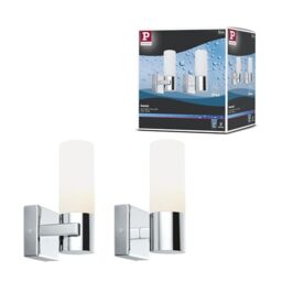 Paulmann 70354 Gemini wall luminaire wall Spotlight IP44 Without lamp E14 Base max. 2x20W Hallway Light 2-Pack wall luminaire Chrome Satin Metal Glass