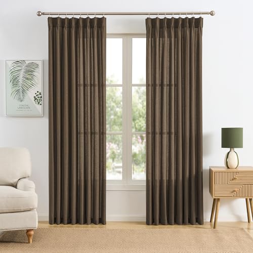 Brown Pleated Linen Curtains 92 Inches Long Farmhouse Semi Sheer Memory Trained Shape Pinch Pleat Drapes with Hooks Back Tab Ripple Fold Curtain for Bedroom Living Room 50x92
