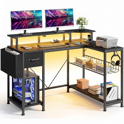 YITAHOME Computer Desk with Power Outlet and LED Light, 120 x 50 cm L-Shape PC Gaming Desk with Adjustable Shelf and Storage Drawer, Corner Desk for Home Office Table with Storage Bag, Black