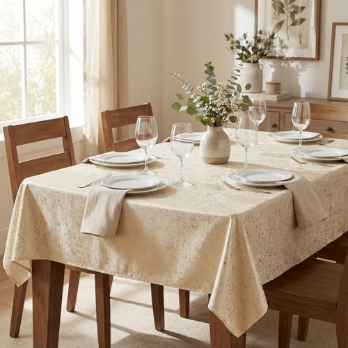Horaldaily Beige Velvet Tablecloth 52??70 Inch Rectangular, Solid Rectangle Table Cloth with Golden Sequin, Thanksgiving Christmas Table Cover for Wedding, Party, Banquet, and Events