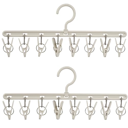 Foshine Clothes Hanger with 8 Color Clips 2 Pack Clothes Drying Racks Windproof for Drying Socks Bras Underwears Baby Clothes, Hats Scarfs Towels Pants and Gloves Diaper White Gray