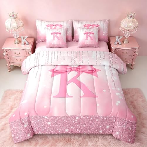 Feelyou Kids Pink Bowknot 7 Pieces Bedding Set Queen Size, Personalized Initial K Bed in A Bag Princess Glitter Comforter Set with Sheets Boys Girls Bow Alphabet Teens Bed Set Bedroom Decor 7Pcs
