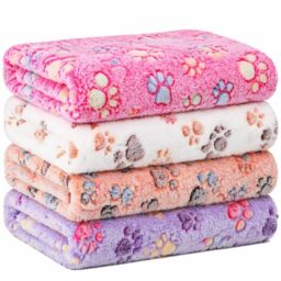 Tatuo 4 Blankets, Fleece Pet Puppy Paw Pattern Teething Toys Cat Soft Warm Guinea Pig Cage Mat Midwest (24x47 inches), White, Coffee, Pink, Purple
