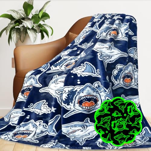 "GEULAY Shark Throw Blanket for Boys, Glow in The Dark Fish Blanket for Bedroom Travel, Cozy Soft Warm Ocean Animal Fleece Throws for Home Room Decor, Shark Boys Toys Gifts for Kids Toddlers, 50""x60"""