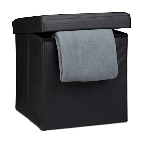Relaxdays Folding Ottoman Seat 38 x 38 x 38 cm Sturdy Storage Chair and Practical Footstool, Faux Leather Storage Box with Removable Lid, Black