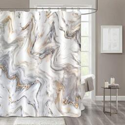 Gibelle Grey Gold Marble Abstract Neutral Shower Curtain for Bathroom Decor, Modern Luxury Art Waterproof Fabric Curtain Set with Hooks, Unique Bath Accessories, 72 x 72