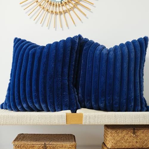 JOJUSIS Faux Fur Plush Throw Pillow Covers, Navy Blue, 22 x 22-Inch - Pack of 2, Couch Cushion Case, Soft Pillowcases, Decorative