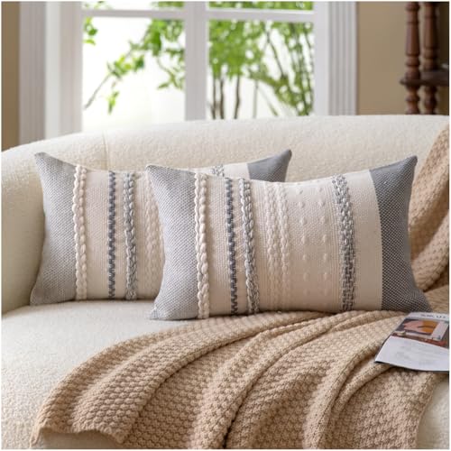 Cethom Boho Throw Pillow Covers 12x20 Inch Set of 2, Grey Textured Decorative Couch Pillow Cases for Farmhouse Home Decor, Accent Cushion Cover for Sofa, Bed, Living Room, Bedroom