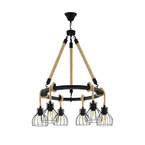 EGLO Rampside 6-Bulb Vintage Pendant Light in Industrial Design, Steel and Wood Pendant Lamp, Colour: Black, Brown, Socket: E27