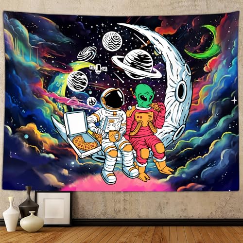"Funny Space Astronaut Alien Tapestry for Men Guys Bedroom, Cool Trippy Universe Planet Art Tapestries Wall Hanging College Dorm Boys Room Decor 60""X40"", Psychedelic Blacklight Galaxy Poster Blanket"
