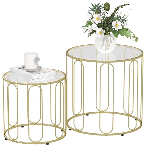 HOMCOM Round Coffee Table Set of 2, Glass Nest of Tables with Metal Frame and Glass Tabletop for Living Room, Gold Tone