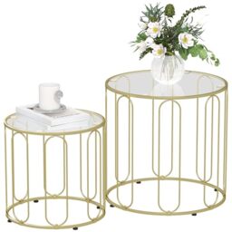 HOMCOM Round Coffee Table Set of 2, Glass Nest of Tables with Metal Frame and Glass Tabletop for Living Room, Gold Tone