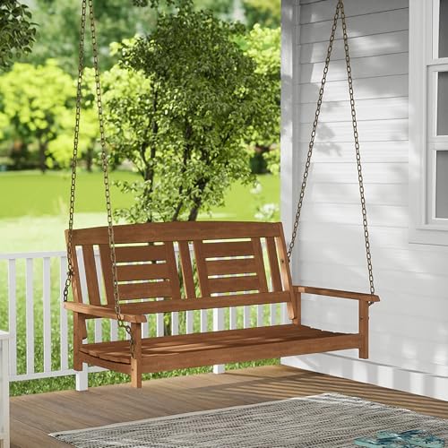 Furinno TIOMAN Porch Swing, Outdoor Hanging Wooden Swing with Chain, for Patio, Garden, Porch, Light Wood