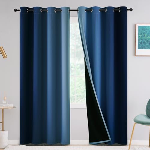 "Yakamok 100% Blackout Curtains for Bedroom Living Room Thermal Insulated Gradient Thermal Insulated Window Treatment 84"" Long, 52x84 Inch, Blue, Set of 2"