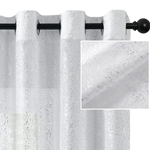 TERLYTEX White & Silver Curtains 84 Inch Length Metallic Silver Foil Printed Sparkle Sheer Curtains for Living Room Eyelet Silver Shimmer Curtains for Windows,132 X