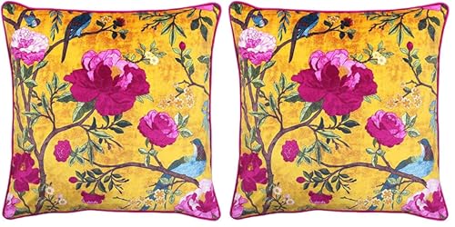 Paoletti Chinoiserie Cushion Cover - Floral Bird Print 100% Polyester Machine Washable Fabric (Gold Yellow - 50 x 50cm) (Pack of 2)