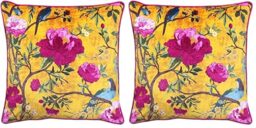 Paoletti Chinoiserie Cushion Cover - Floral Bird Print 100% Polyester Machine Washable Fabric (Gold Yellow - 50 x 50cm) (Pack of 2)
